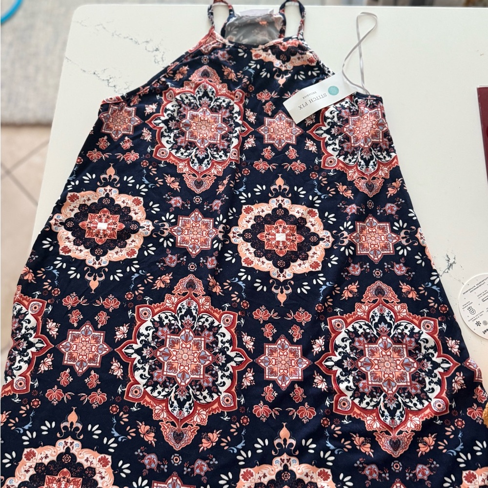 French Grey Navy and Coral Patterned Dress